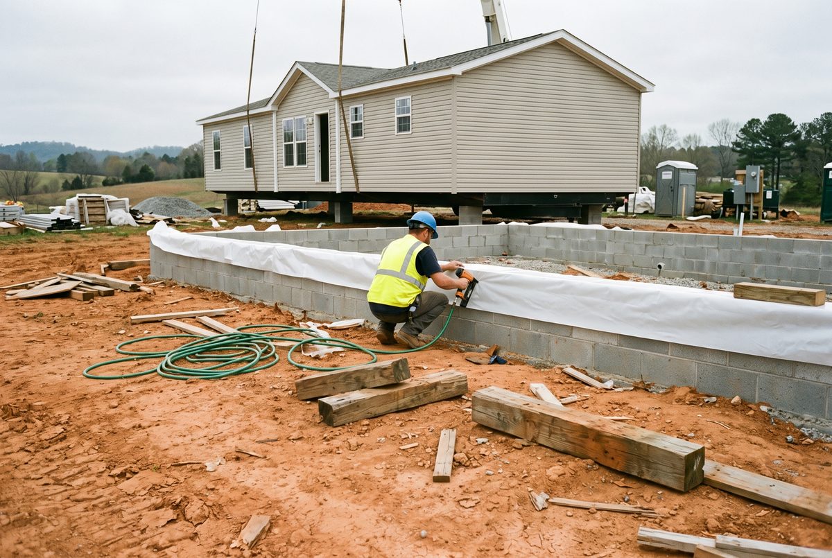Manufactured home being set onto a concrete block foundation with a worker fastening protective sheeting