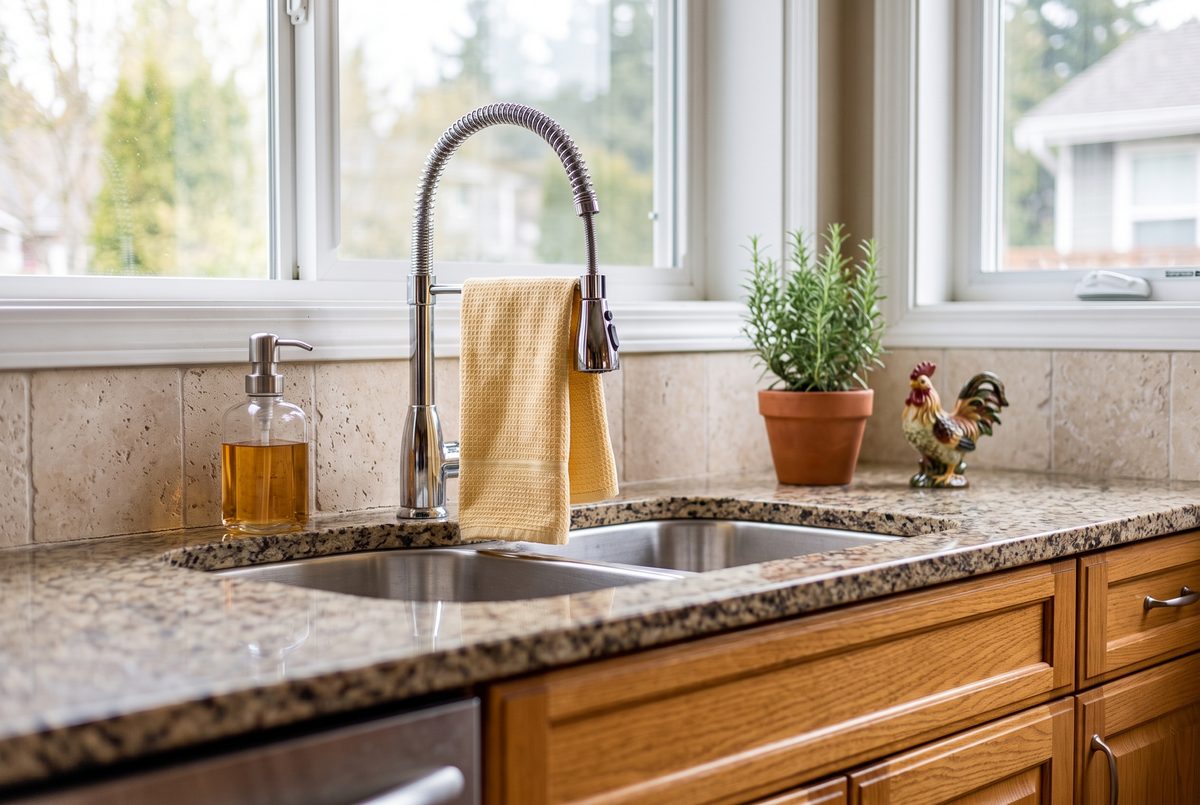 Kitchen sink, granite countertop and chrome faucet in a traditional kitchen