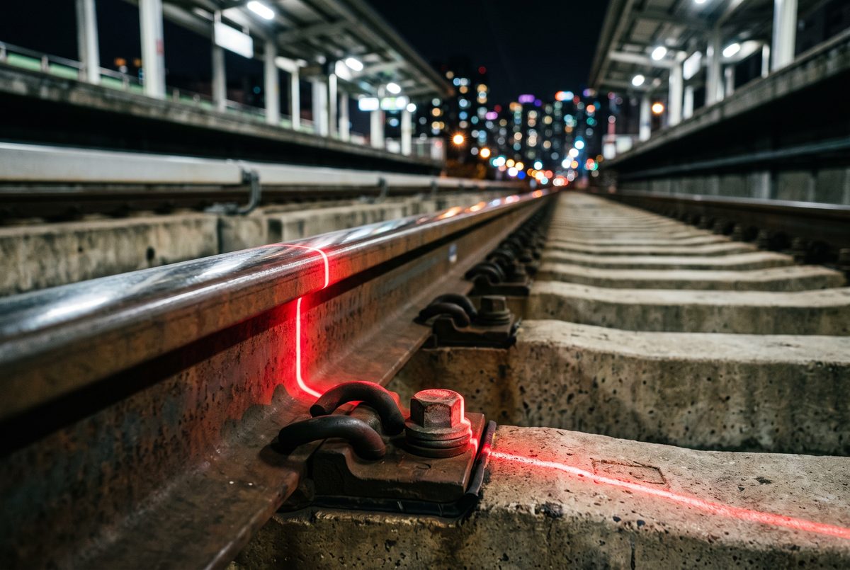 Night-time rail inspection, red laser line across the rail head beside a fastening clip
